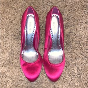 BCBG Magenta pink satin with chrome heel detail. Color trend